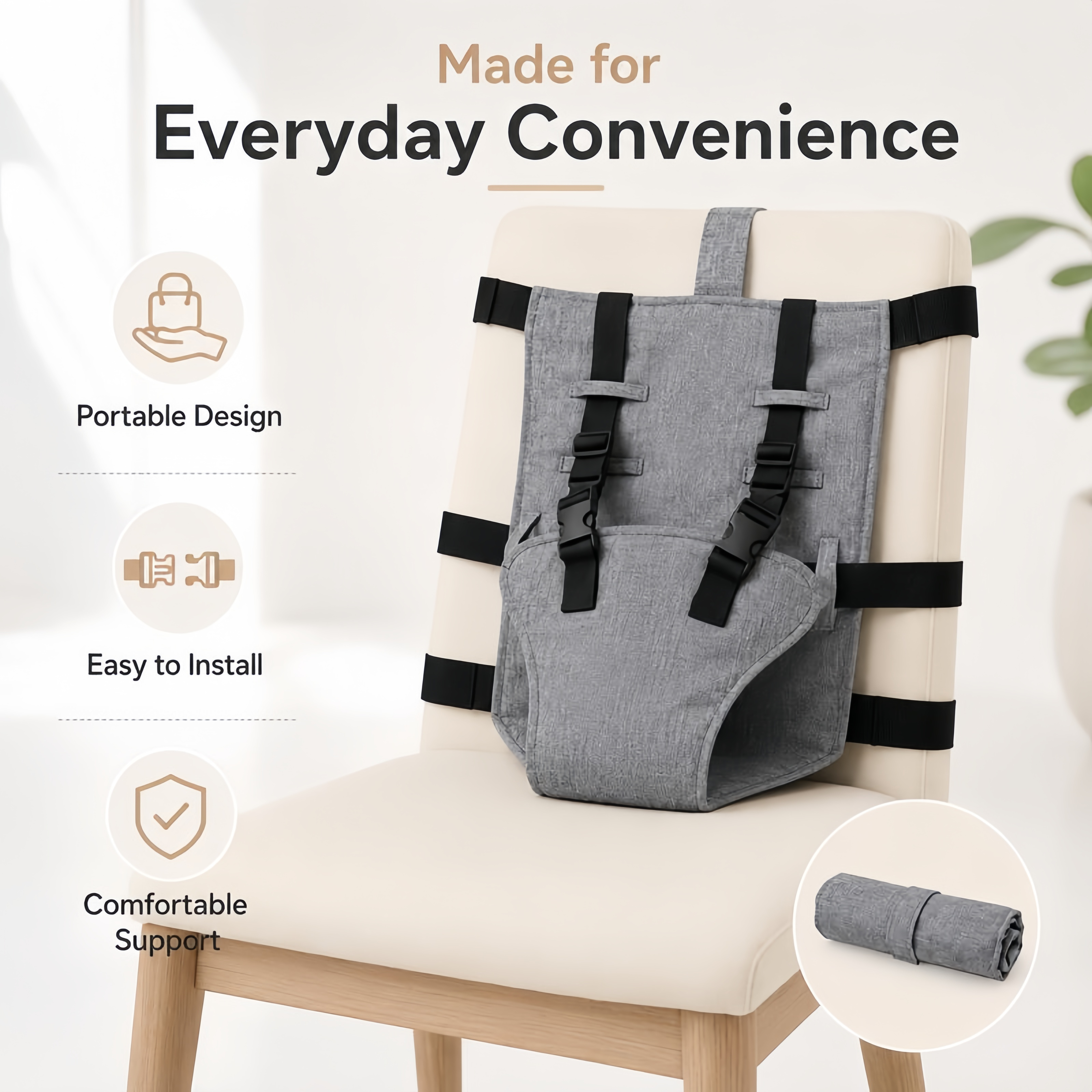 Multi-point adjustable strap anchoring securely to dining room chair