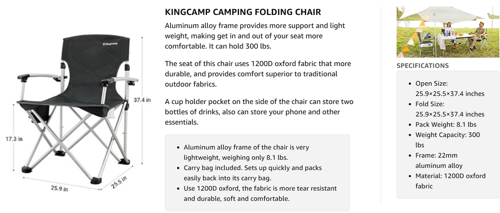 KingCamp CANNA HARD Compact Camp Chair Aluminum Hard Armrest