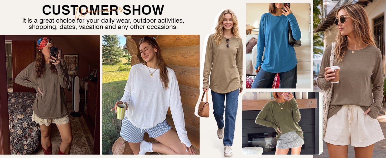 customer photos showing women styling long sleeve oversized tunic tops