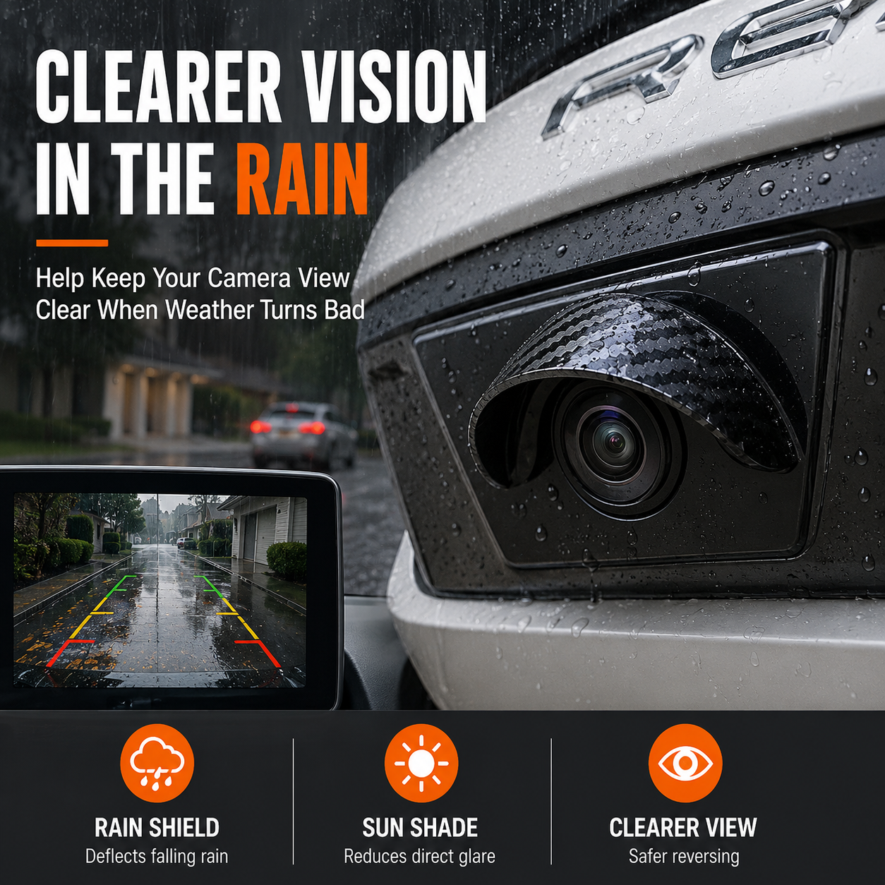Vehicle backup camera rain shield installed above rear camera lens