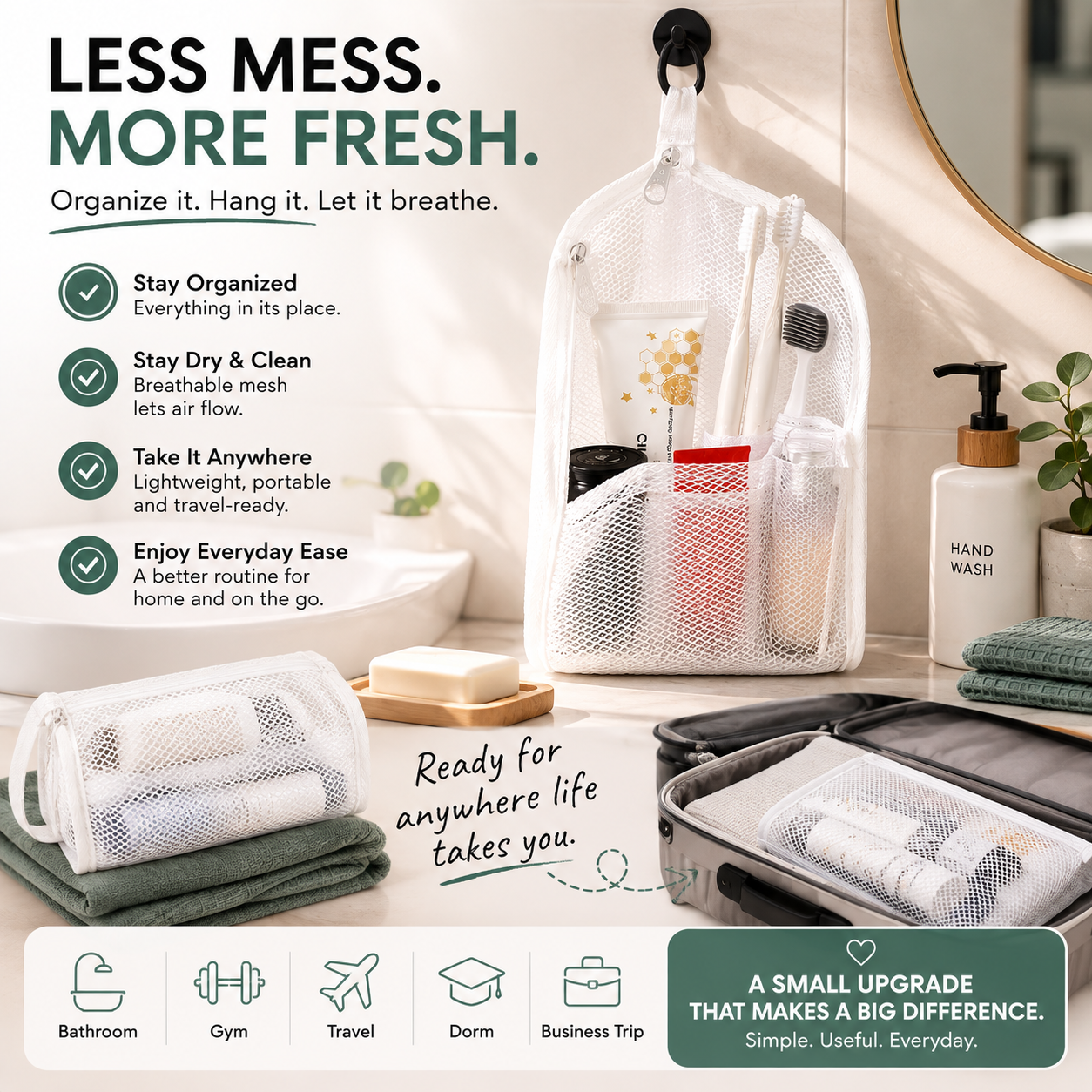 Hanging mesh toiletry organizer for bathroom and travel