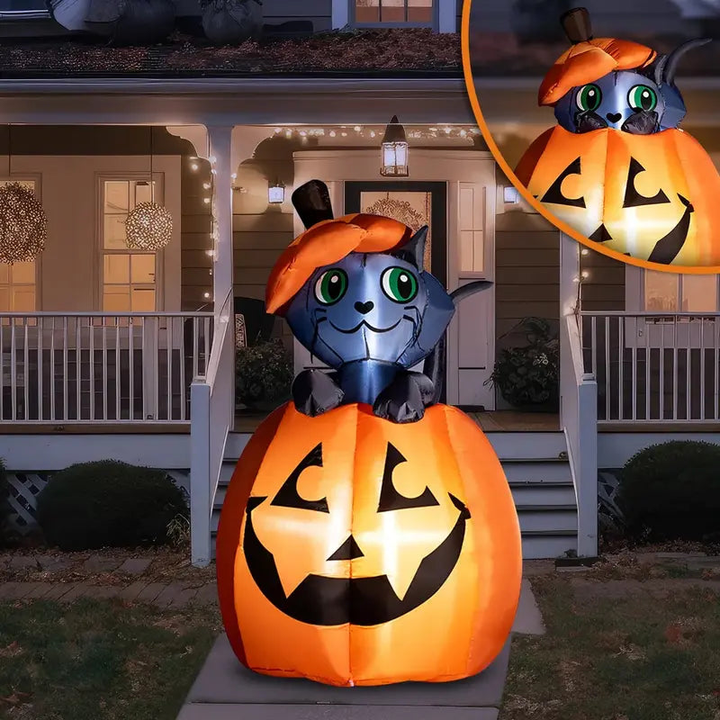 Animated inflatable cat popping out of pumpkin Halloween yard decor