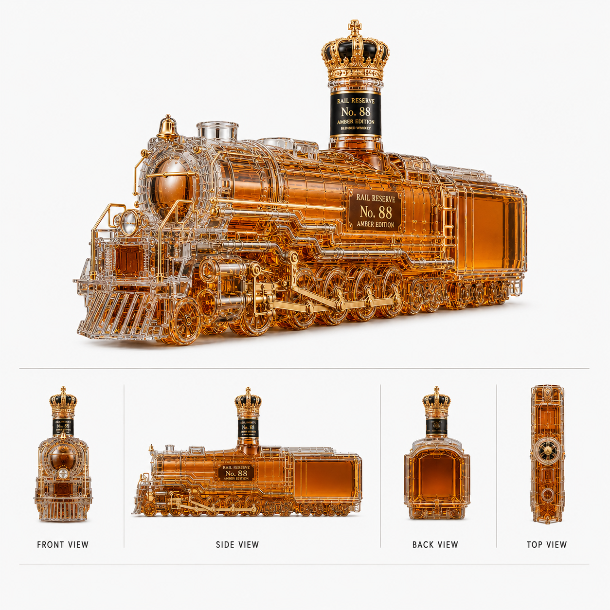 Gift-ready locomotive decanter displayed with collector-style packaging