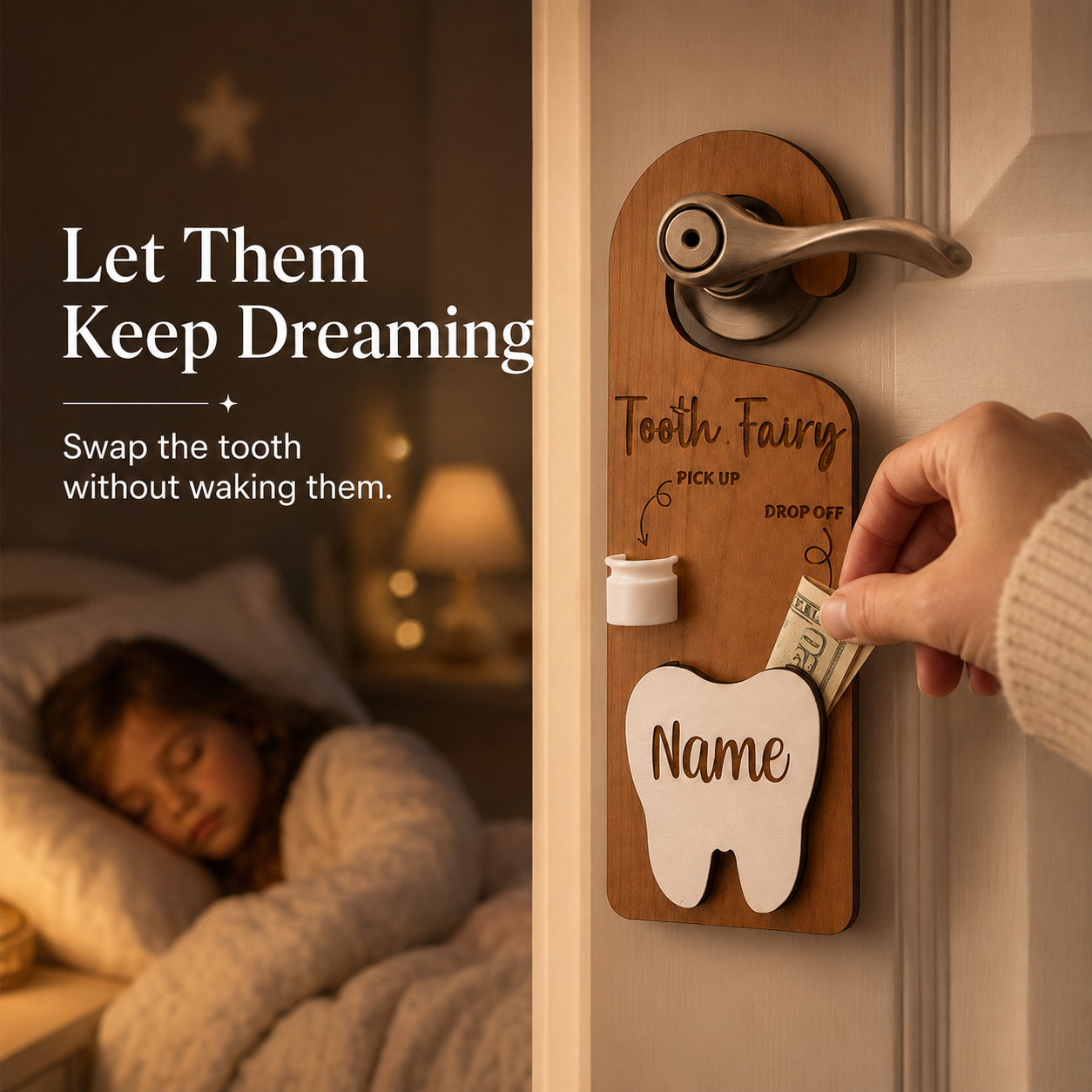Happy child holding personalized tooth fairy door hanger