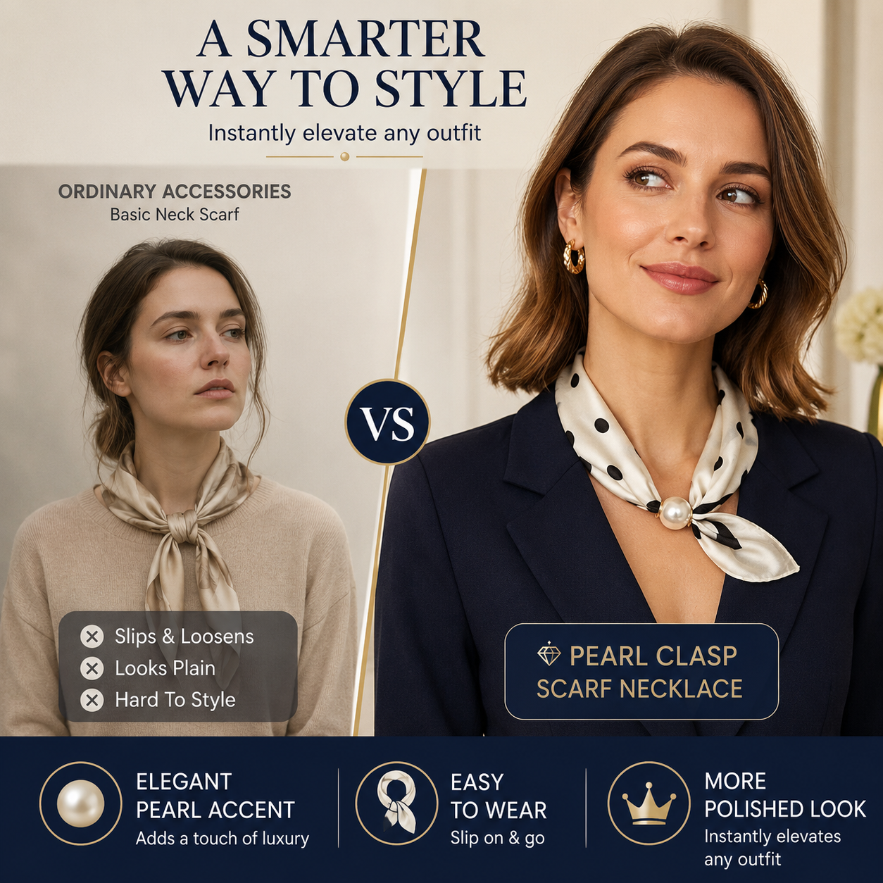 Comparison between plain neckline and styled pearl scarf necklace