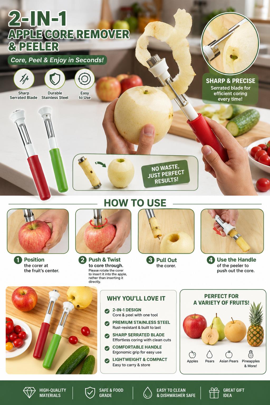 2-in-1 Stainless Steel Apple Corer and Peeler Tool