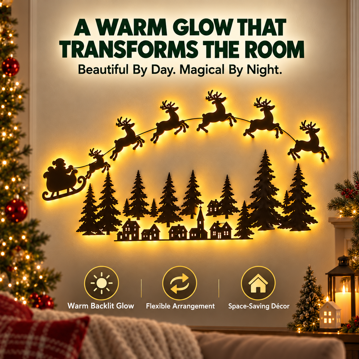 Close-up details of Santa sleigh and reindeer wall silhouettes with warm lights
