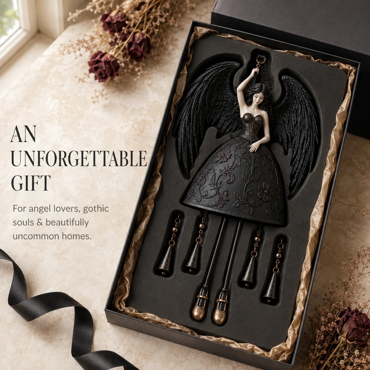 Dark Angel Gothic Wind Chime being lifted from a gift box