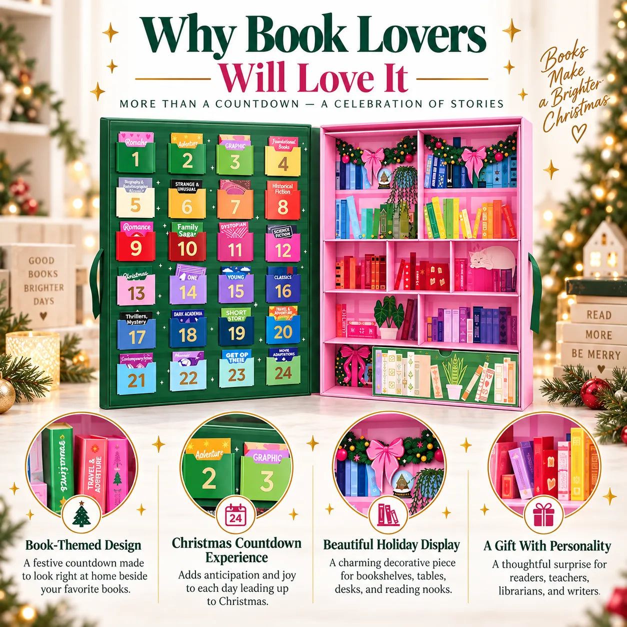 Colorful book-themed details and festive bookshelf illustrations on the advent calendar