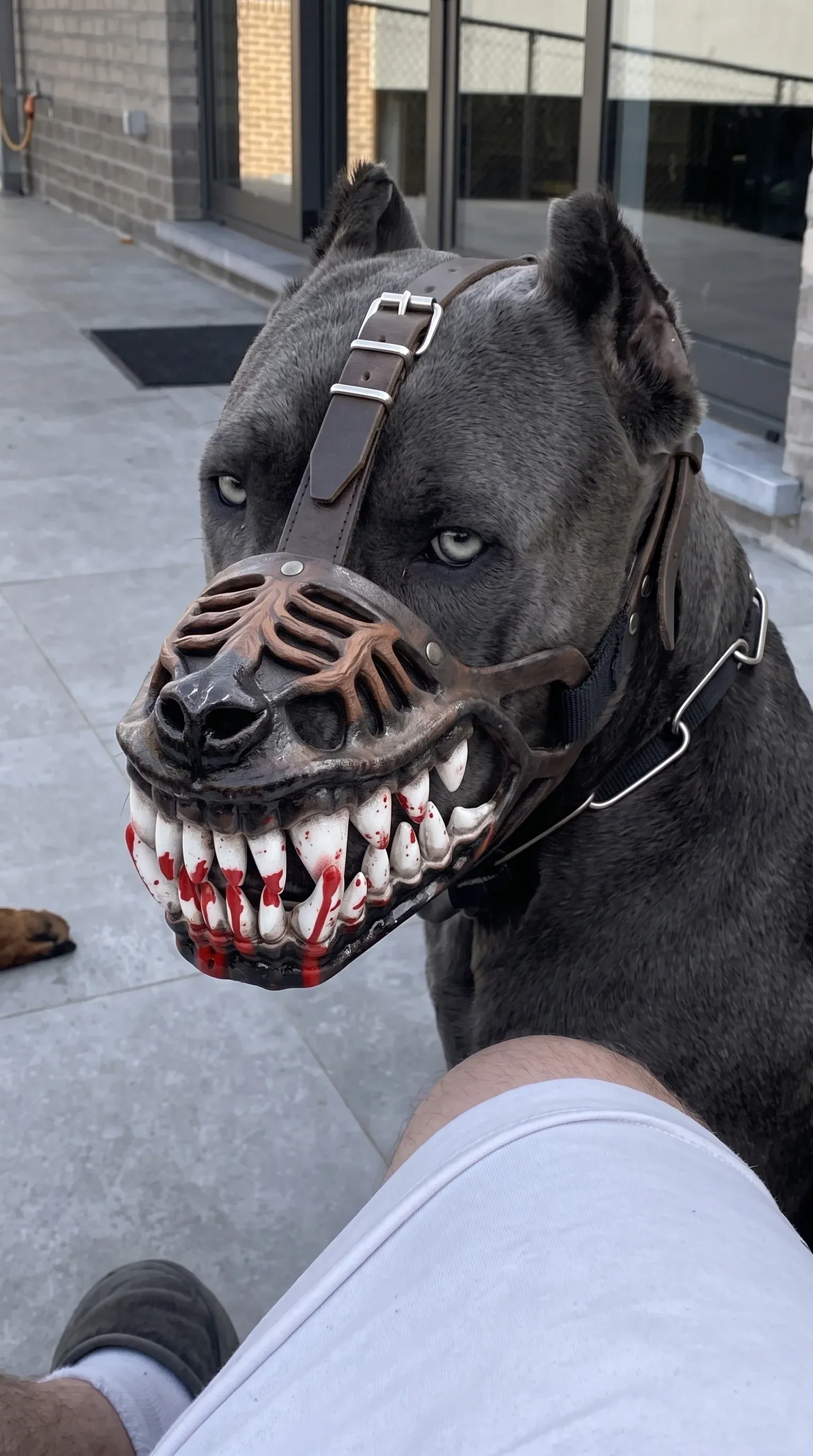 Side view of the realistic monster dog costume muzzle