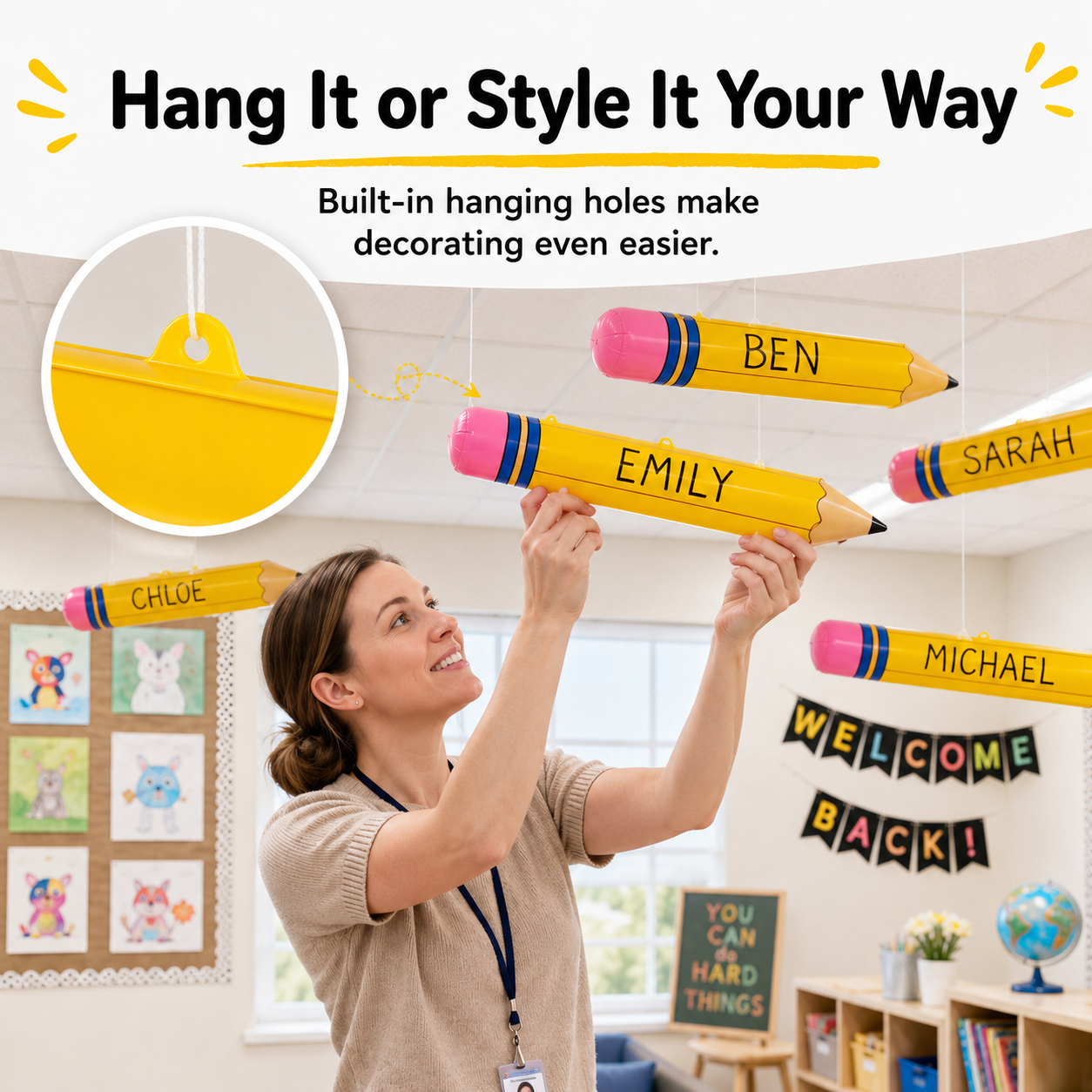 Built-in hanging hole on inflatable pencil decoration