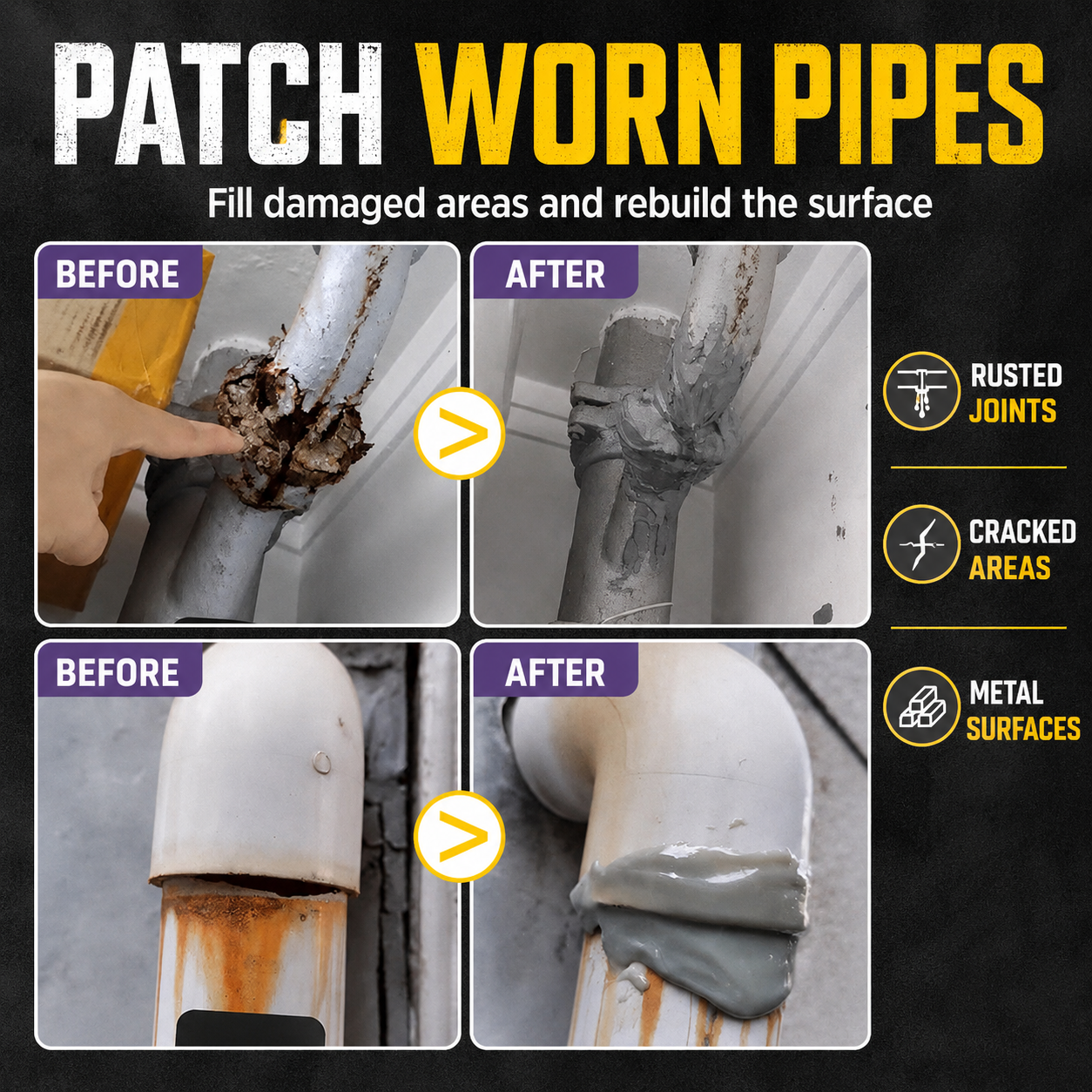 Epoxy repairs on damaged pipes and metal surfaces