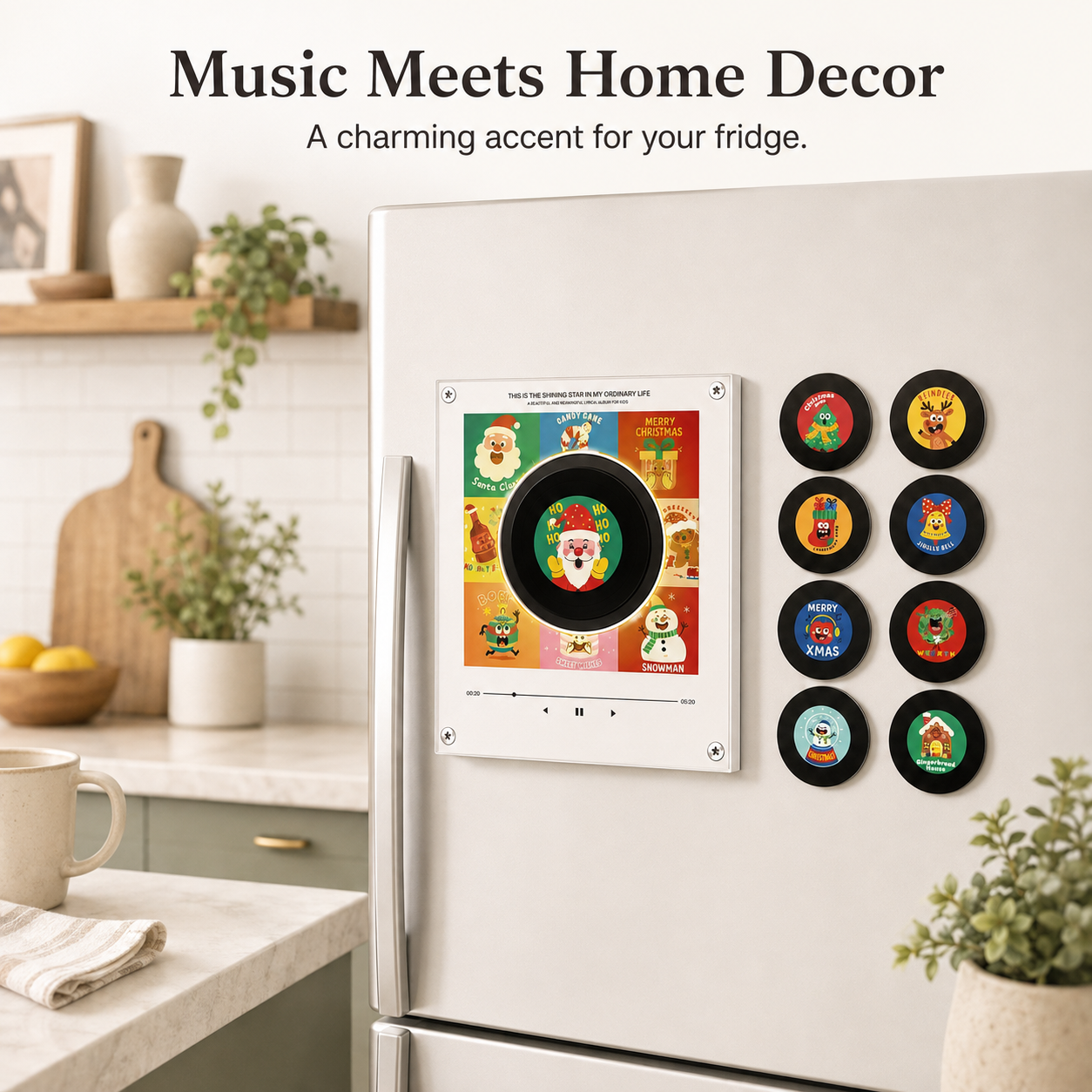 Magnetic music player sticking on refrigerator and kitchen cabinets