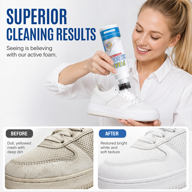 Foam cleaner targeting yellow marks on white shoes