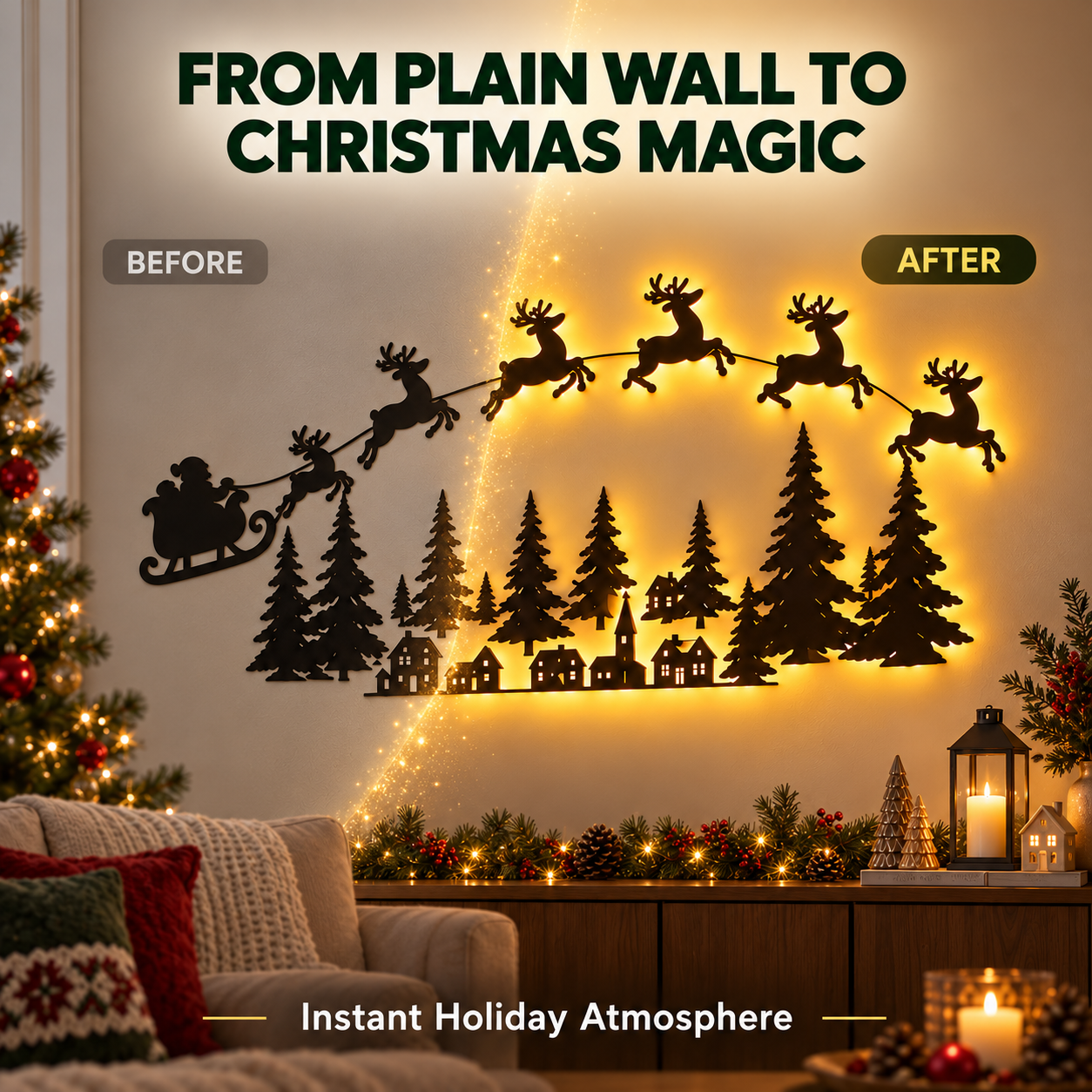 Before and after wall transformation with lighted Christmas reindeer decoration