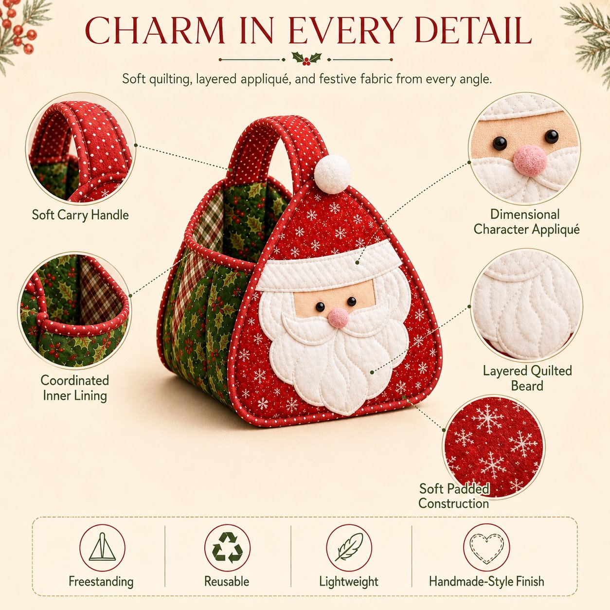Layered appliqué details on Christmas quilted basket