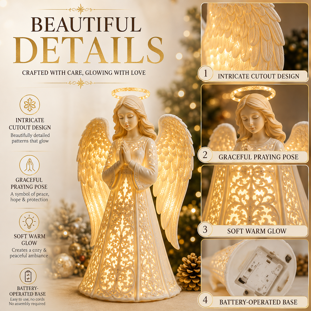 Angel light displayed beside fireplace mantel and family photos