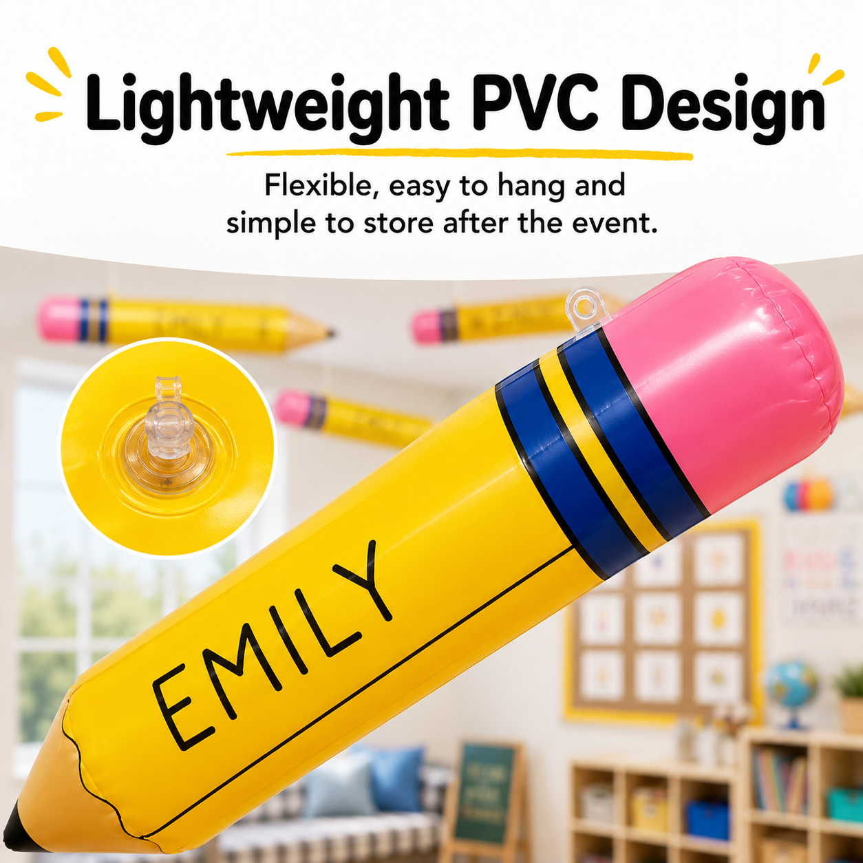 Lightweight PVC inflatable pencil with valve and hanging hole