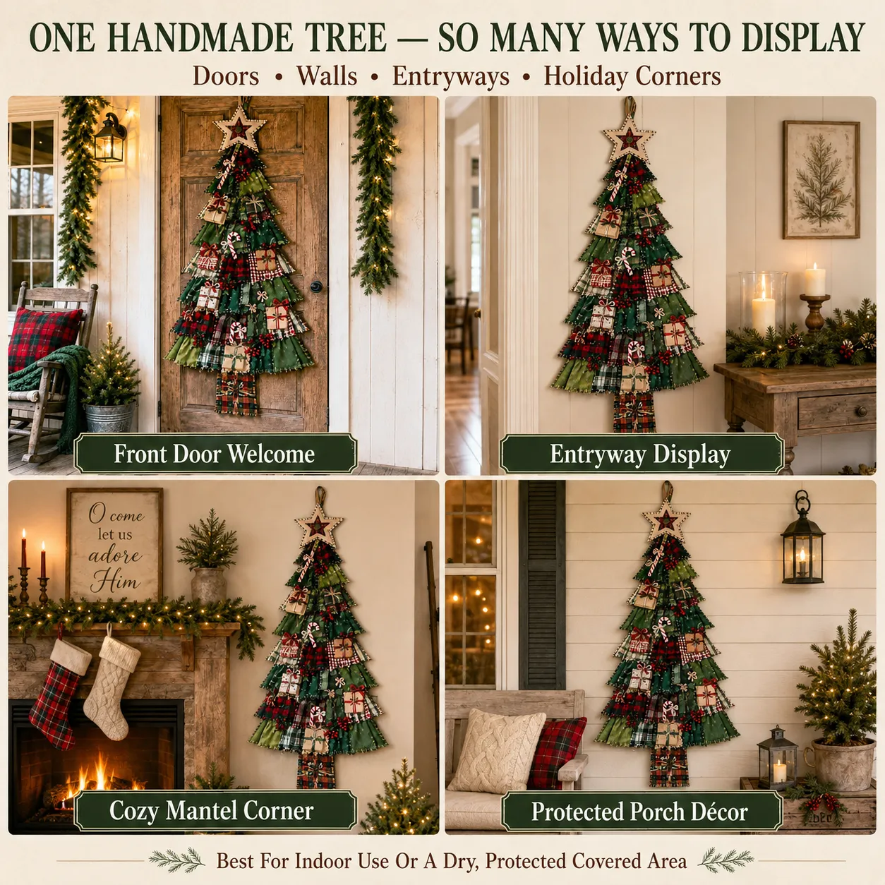 DIY patchwork tree hanging on rustic wooden door and entryway