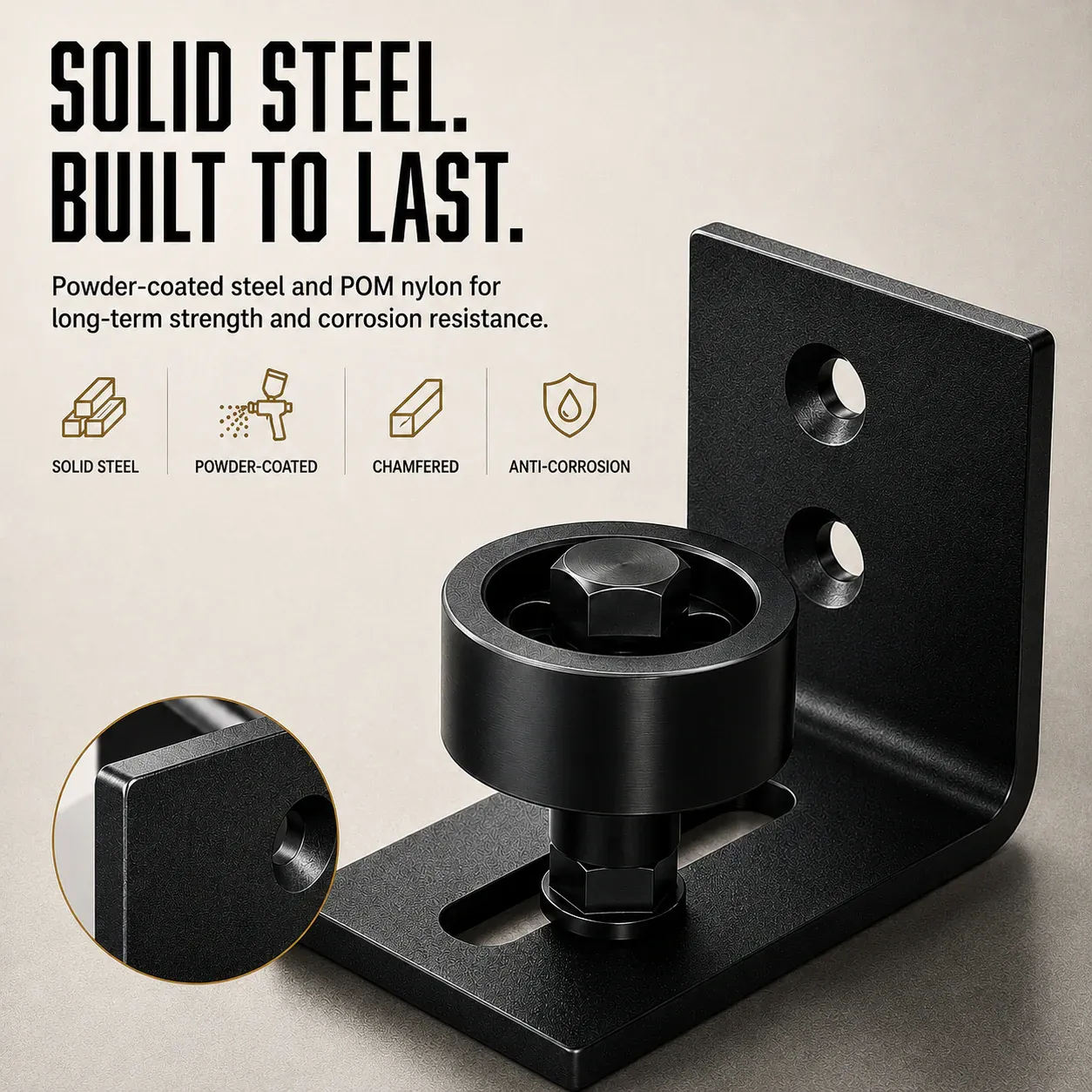 Solid steel adjustable barn door floor guide with frosted black powder coated finish and POM rollers