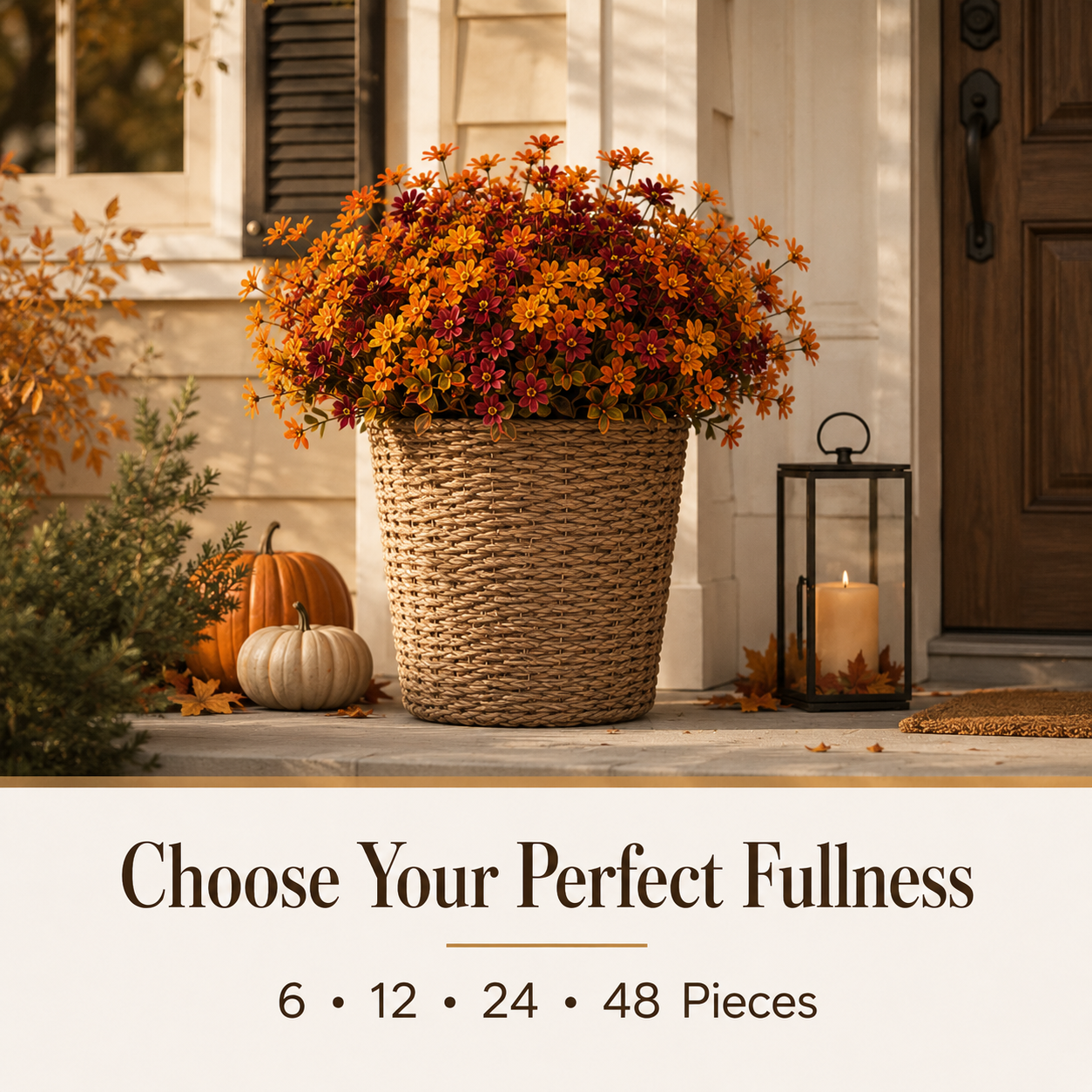 Warm fall centerpiece arrangement on dining table for Thanksgiving