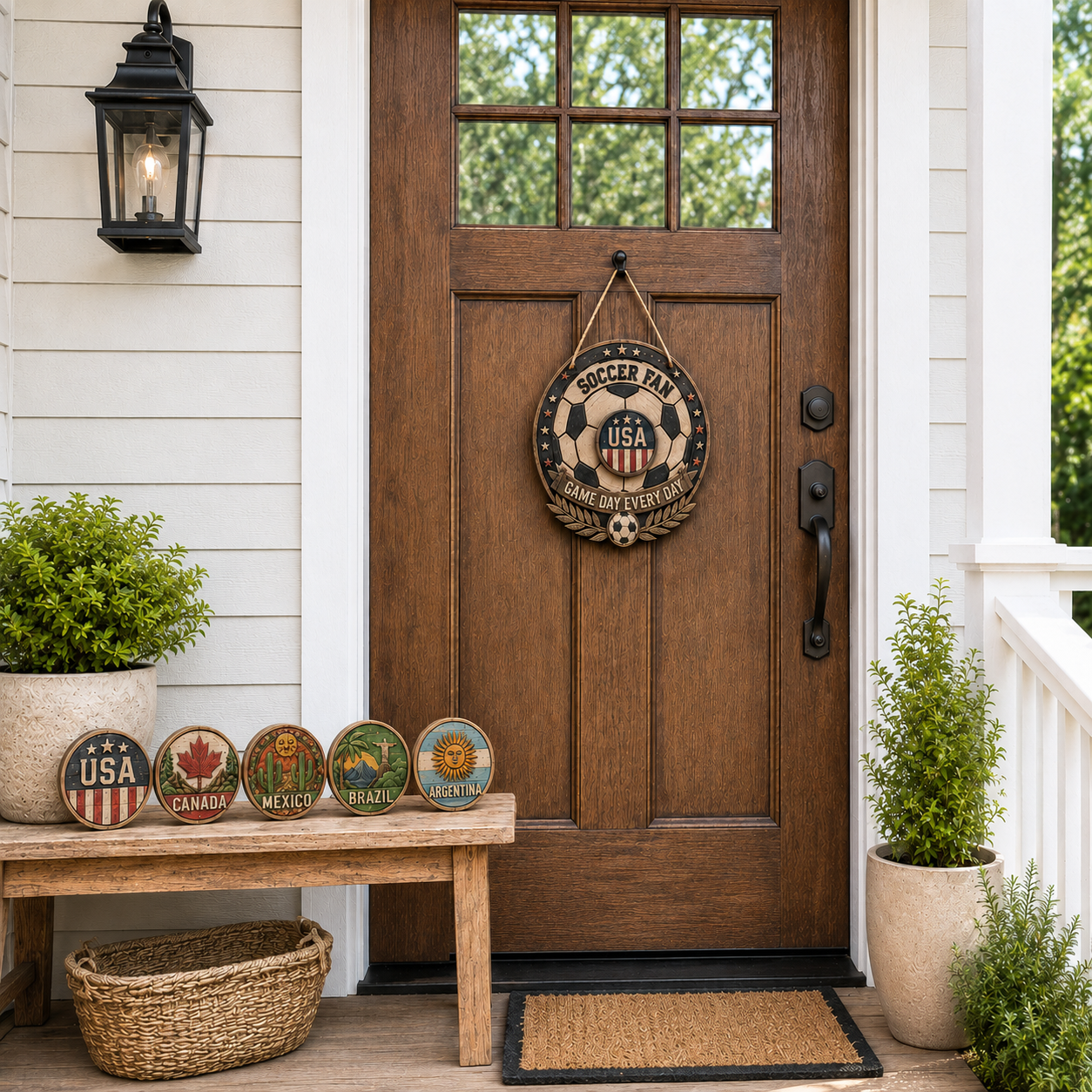 Soccer fan door sign hanging on home entrance door