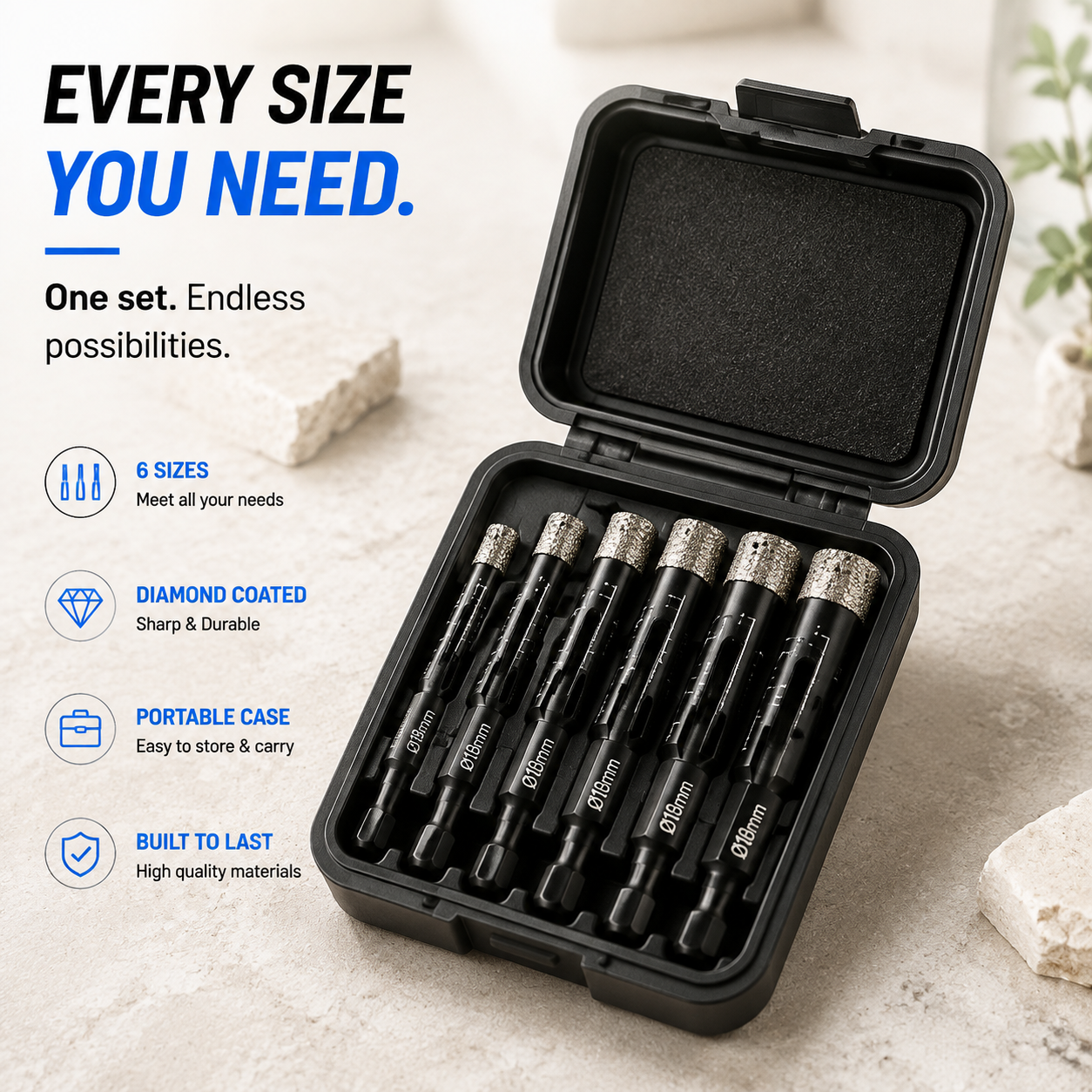 6-piece diamond drill bit set package layout