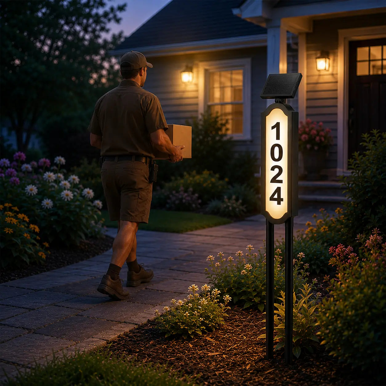 Solar illuminated house number sign beside home entrance at night