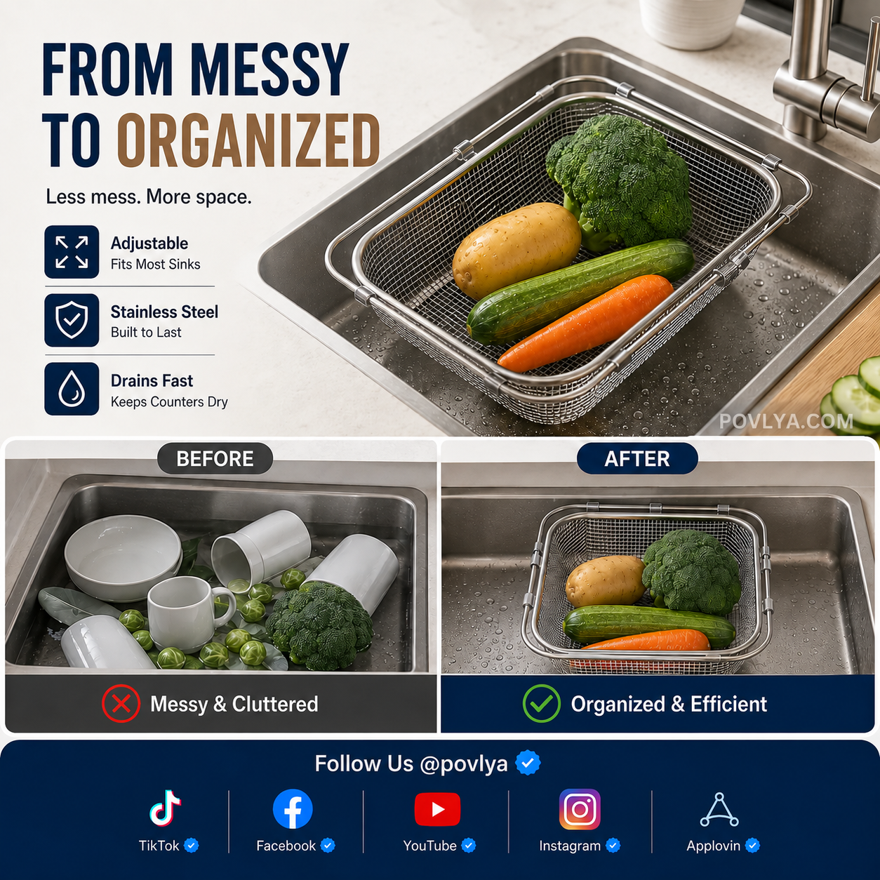 Before and after using expandable sink drain basket
