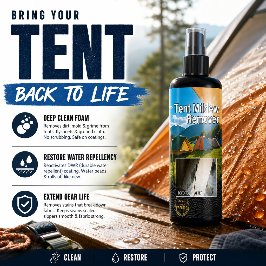 Tent mildew stain cleaner for outdoor fabric care