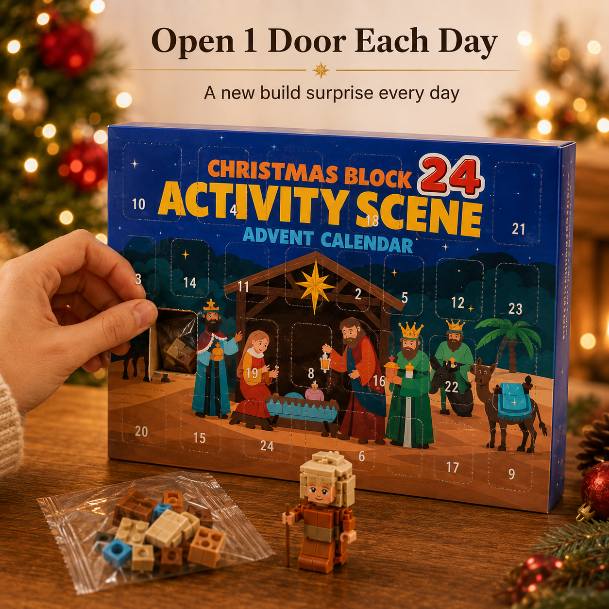 Christmas Nativity building block advent calendar with numbered daily doors and a mini build