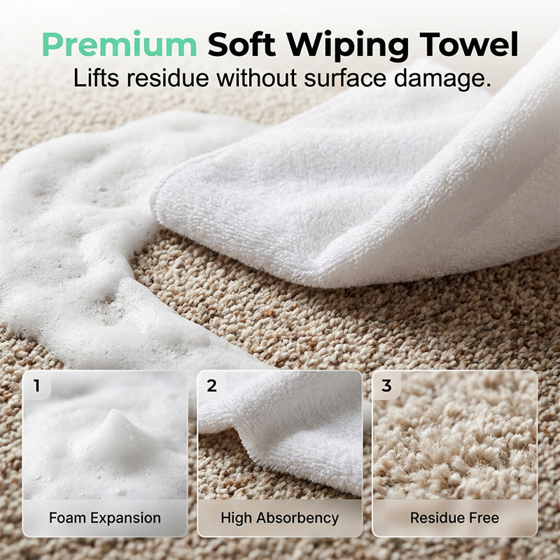 Soft absorbent towel included with carpet stain remover
