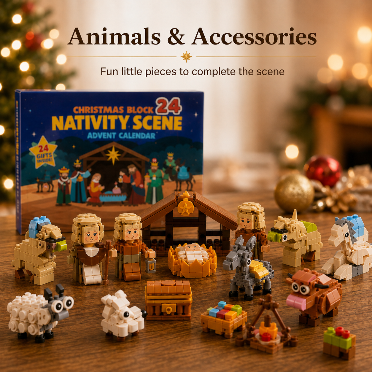 Christmas Nativity building block animals, accessories and mini figures arranged as a festive scene