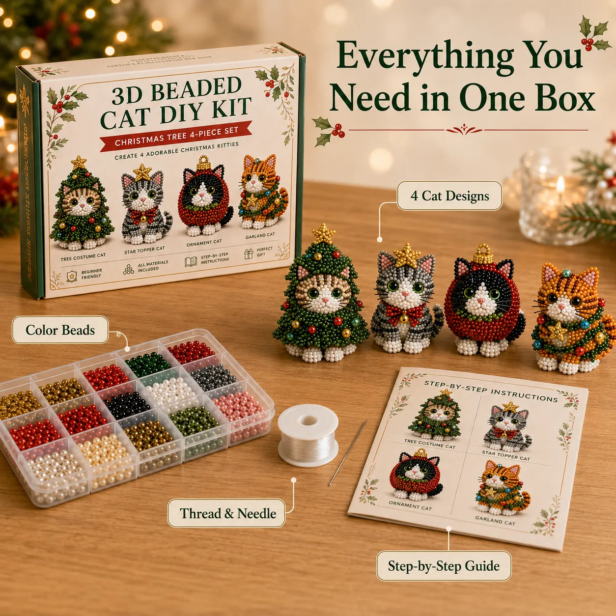 All-in-one beaded cat craft kit contents packaging layout