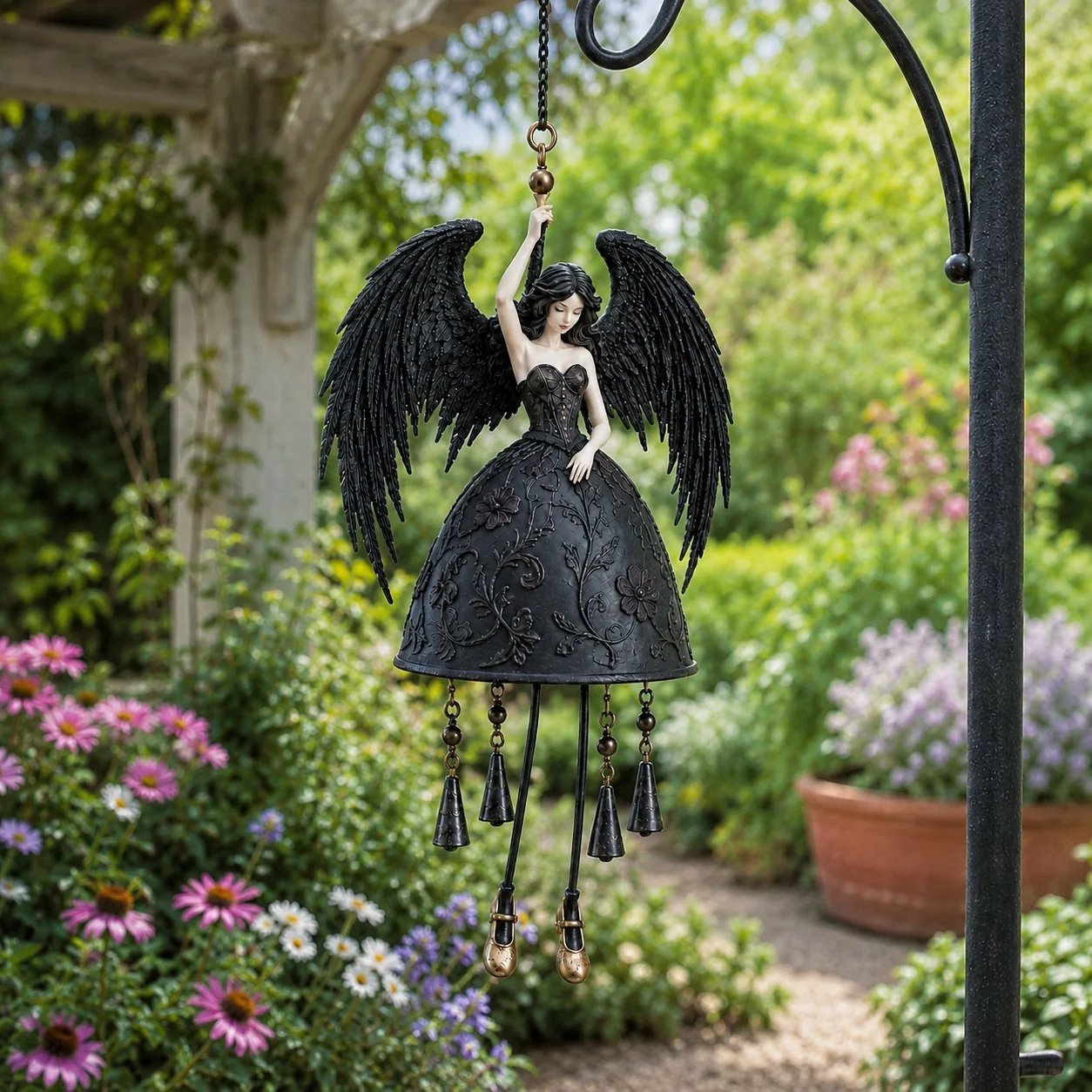 Dark Angel Gothic Wind Chime surrounded by garden greenery
