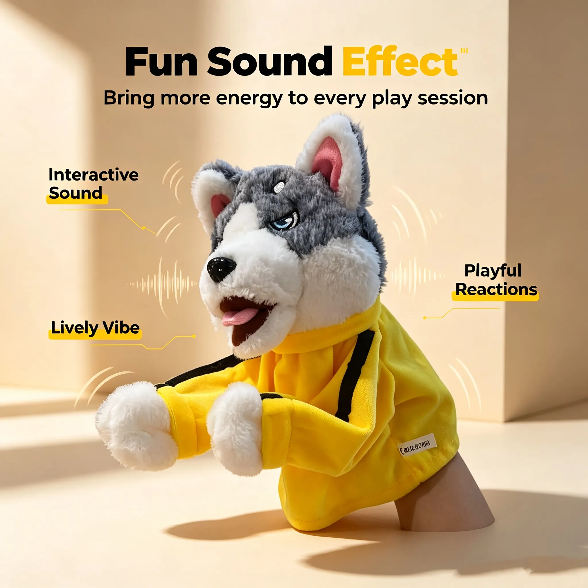 Hand inside puppet controlling front paws boxing motion