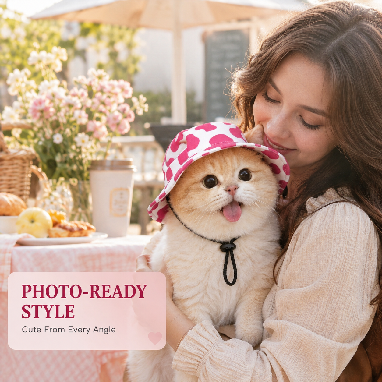 Small dog wearing pink heart print bucket hat