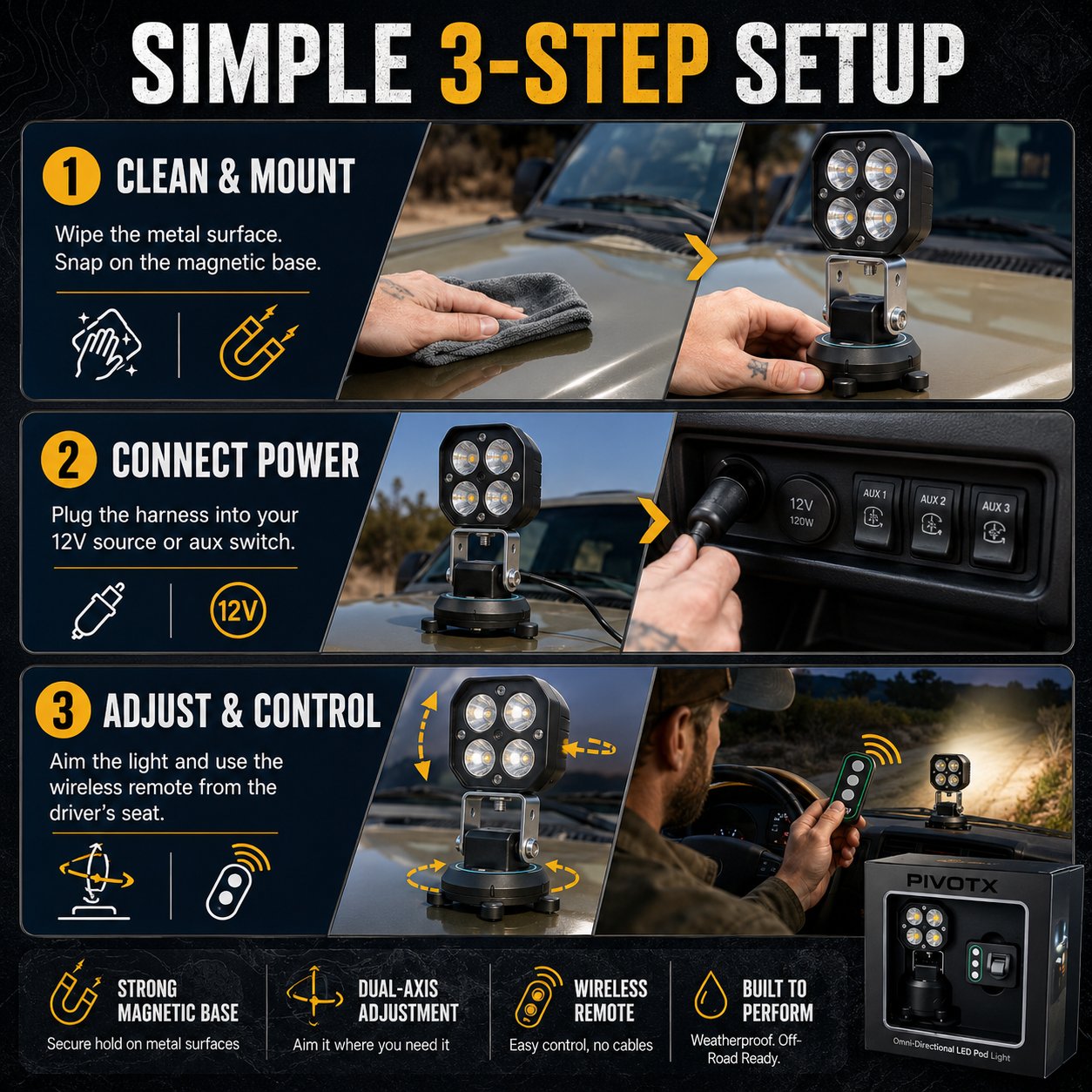 Magnetic vehicle LED pod installation and setup