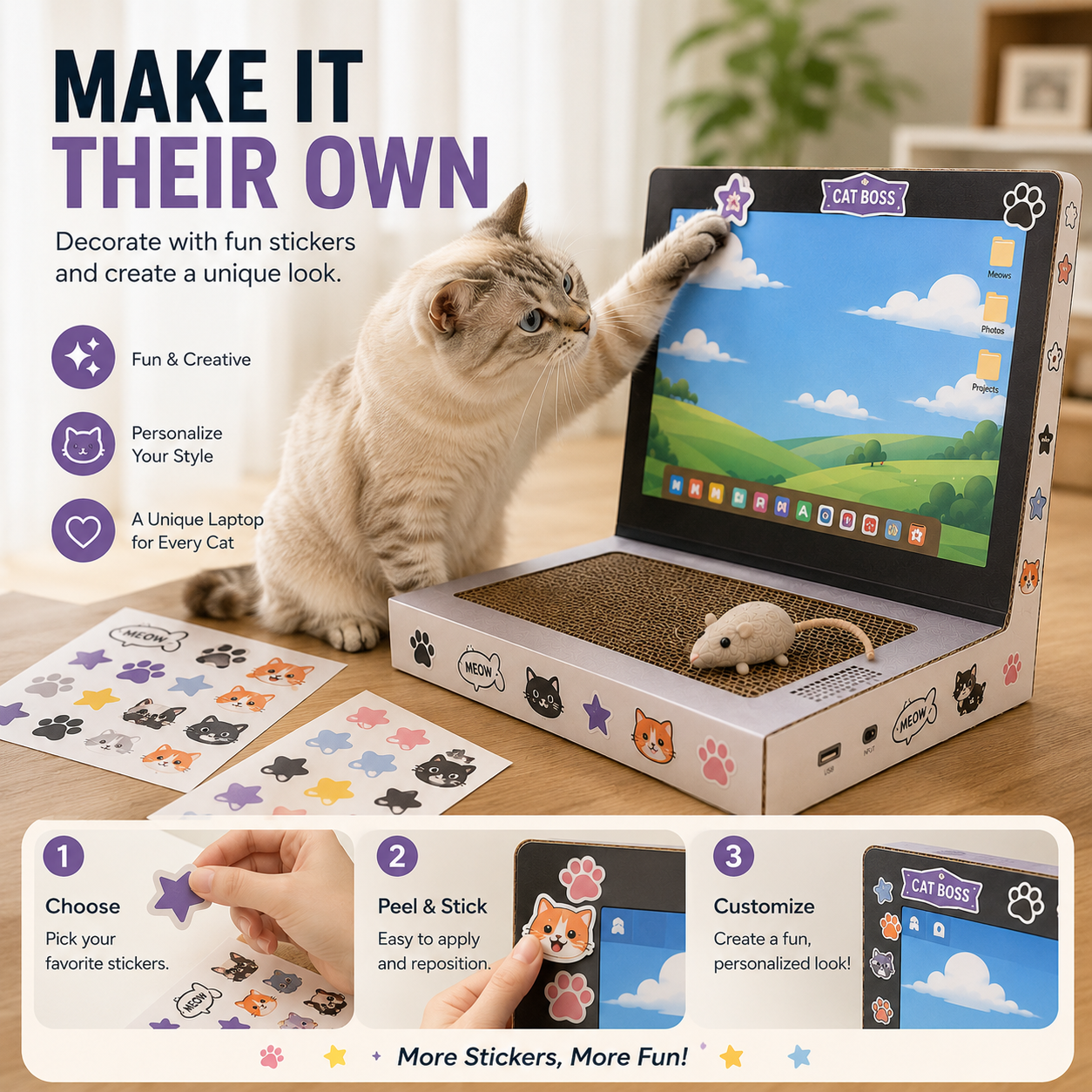 Decorative sticker sheet for laptop cat scratcher screen display