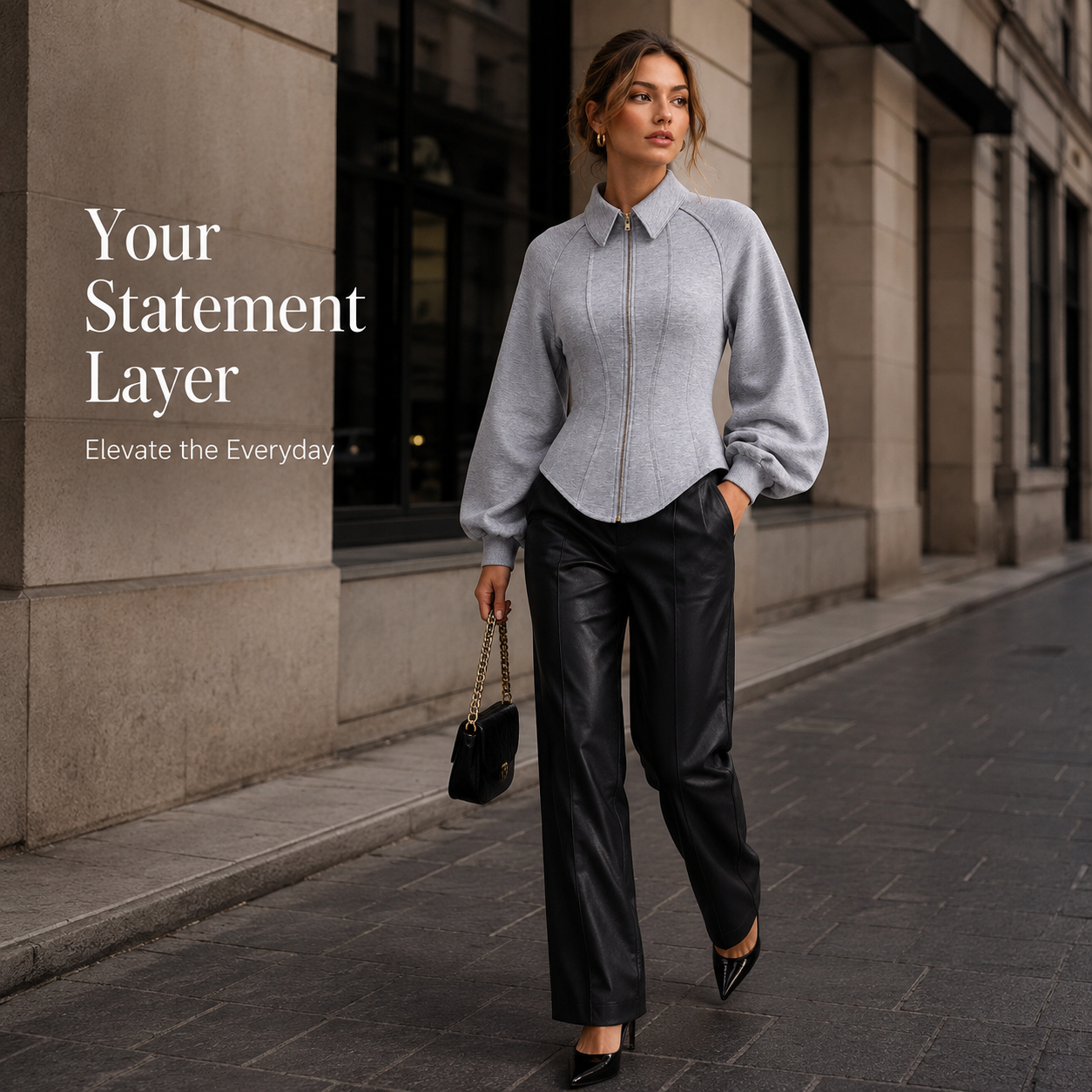 Curved peplum hemline and side profile view