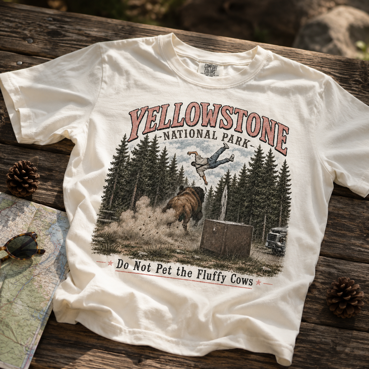 Man wearing an Ivory White Yellowstone graphic cotton T-shirt