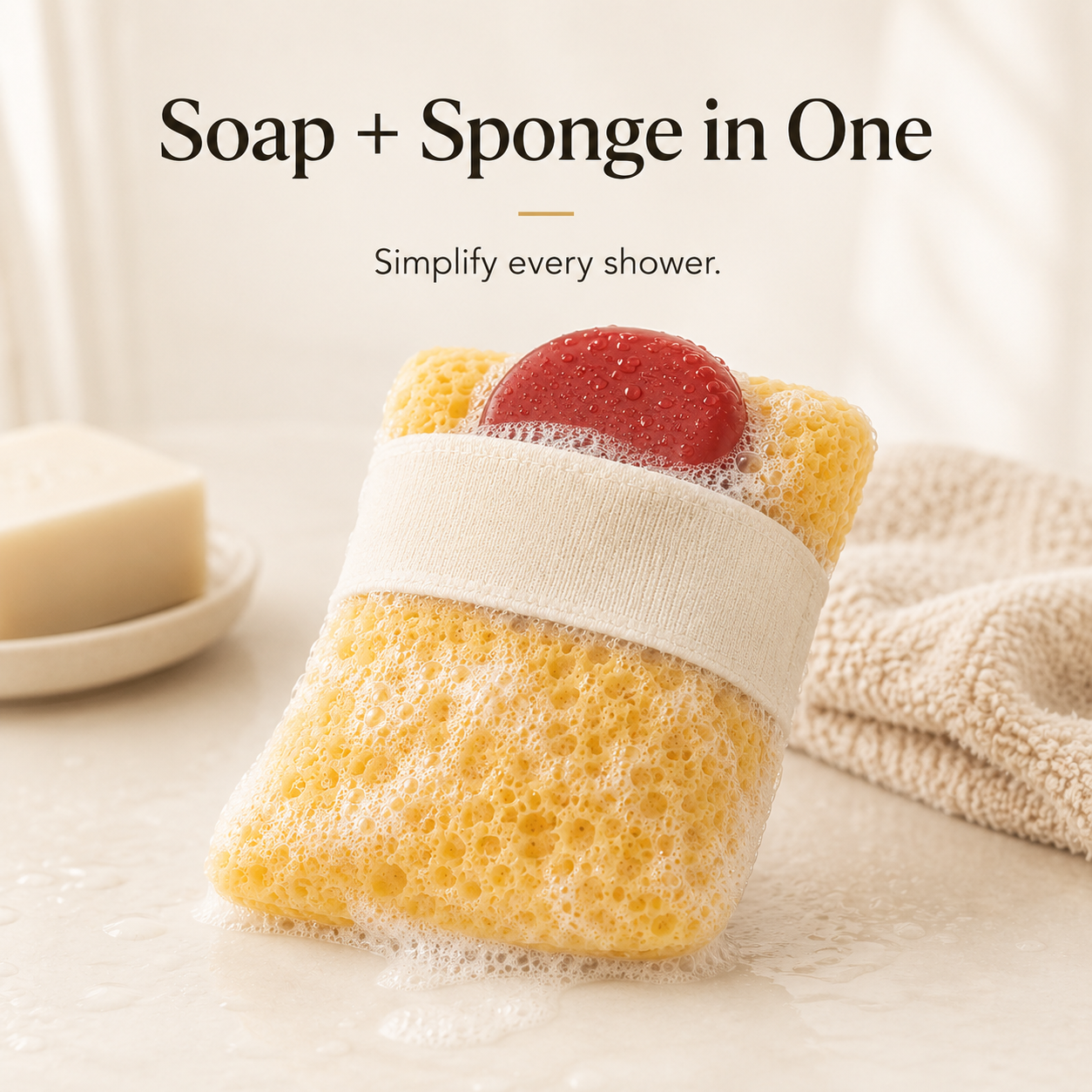 Rich soap foam bursting from honeycomb bath sponge texture