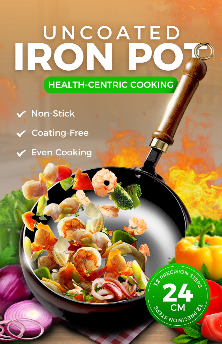 Uncoated iron wok with wooden handle
