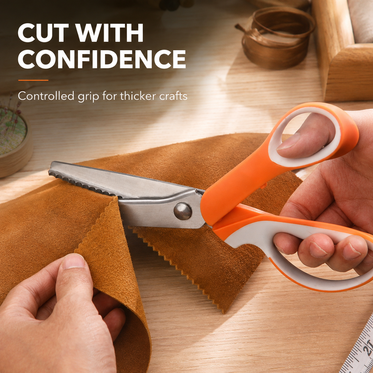 Stainless steel pinking shears with ergonomic cushioned handle