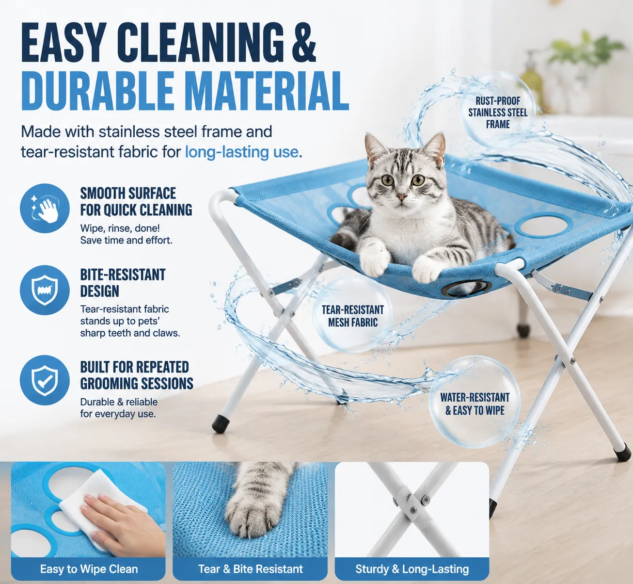 Pet grooming hammock table with easy-clean material and durable support