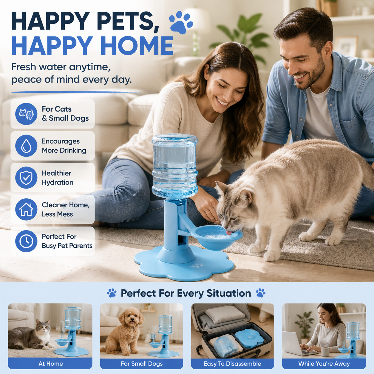 Pet drinking fresh water from automatic gravity tank