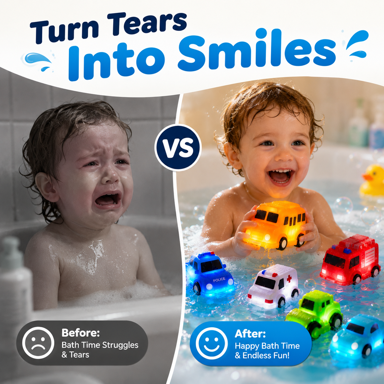Water activated bath toy lights up instantly in water