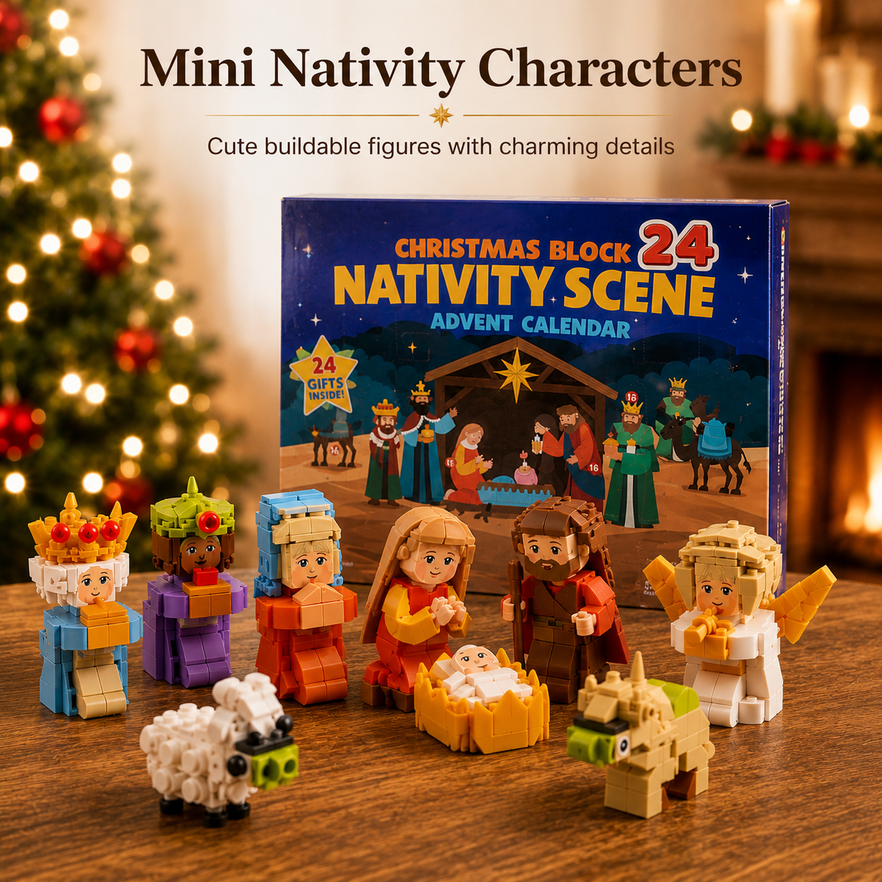 Mini Nativity building block characters displayed in front of the advent calendar