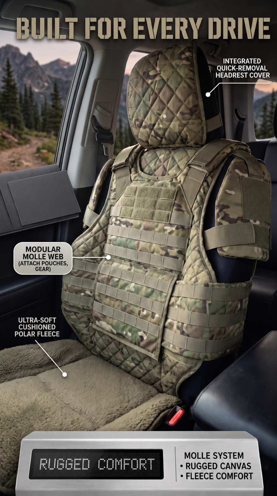 Camouflage tactical style seat cover installed in an off-road vehicle