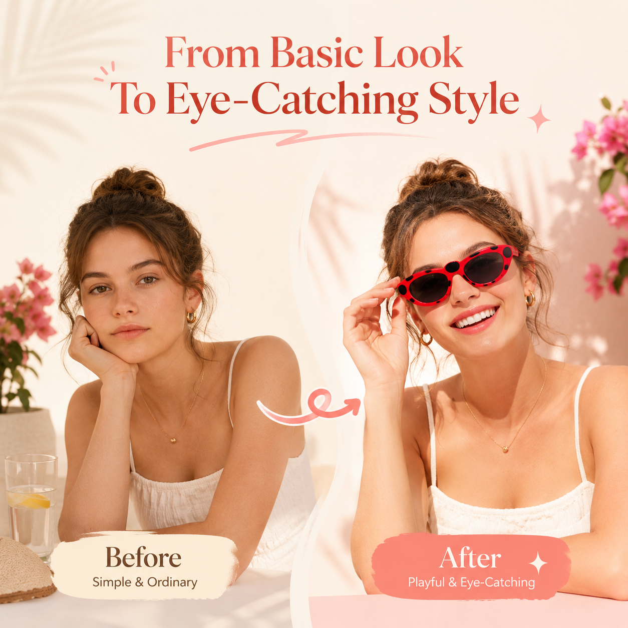 Before and after ladybug sunglasses style transformation